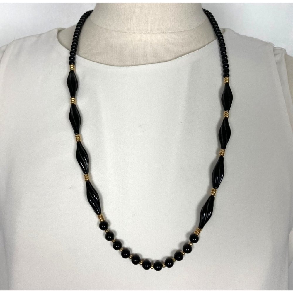 Vintage 80s Trifari Black Gold Beaded Necklace Strand 29.5 inch Long